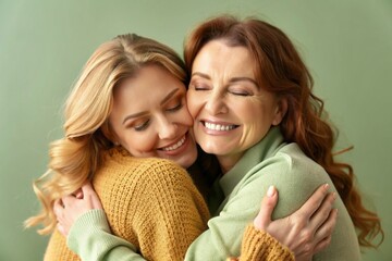 Beautiful young woman hugging her happy mother on green background. International Hug Day
