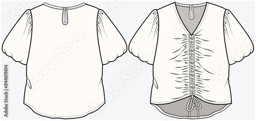 BALOON SLEEVES WOVEN TOP WITH CENTER FRONT DRAWSTRING TUNNEL DETAIL DESIGNED FOR TEEN GIRL AND KID GIRL IN VECTOR