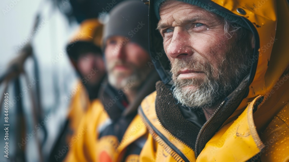 A man with a beard and blue eyes wearing a yellow raincoat looking contemplative with a backdrop of a boat and the sea. A man with a beard and blue eyes wearing a yellow raincoat looking contemplative with a backdrop of a boat and the sea.
