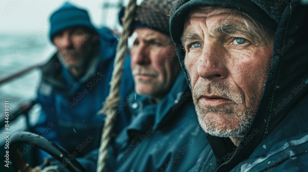 Fototapeta premium Three men on a boat wearing life jackets with a concerned expression looking into the distance possibly at rough seas or an approaching storm.