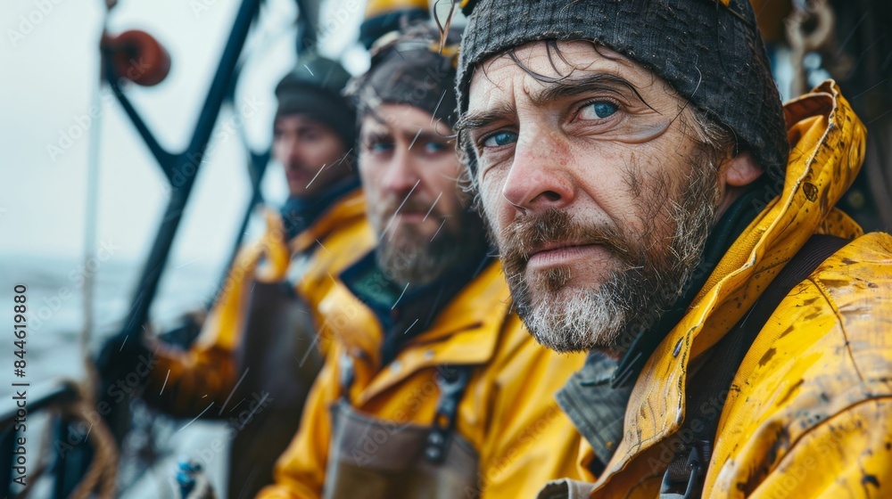 A weathered man with a beard and blue eyes wearing a yellow raincoat and a knit cap looking off to the side with a serious expression possibly on a boat. A weathered man with a beard and blue eyes wearing a yellow raincoat and a knit cap looking off to the side with a serious expression possibly on a boat.