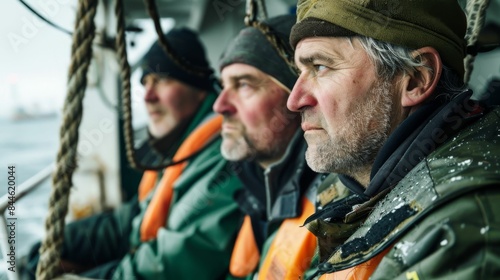 Three men on a boat dressed in cold-weather gear looking out at the ocean with expressions of concern or focus.
