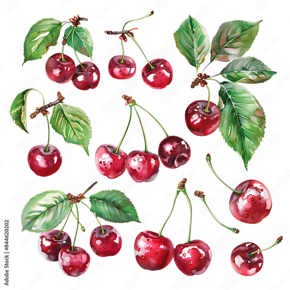 Red cherry set isolated on transparent background, watercolor painting style old botanical illustration Red cherry set isolated on transparent background, watercolor painting style old botanical illustration
