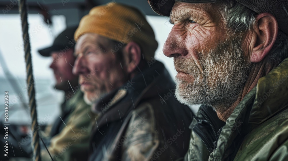 Fototapeta premium Three weathered men on a boat gazing into the distance their faces etched with the marks of time and the elements.