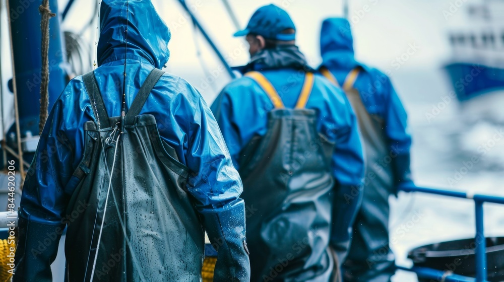 Three fishermen in blue rain gear walking on a boat deck. Three fishermen in blue rain gear walking on a boat deck.