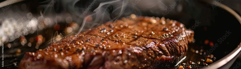 Close up of a sizzling steak in a pan. Close up of a sizzling steak in a pan.