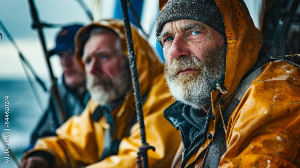Two men in yellow rain gear one with a beard sitting on a boat looking out at the sea. Two men in yellow rain gear one with a beard sitting on a boat looking out at the sea.