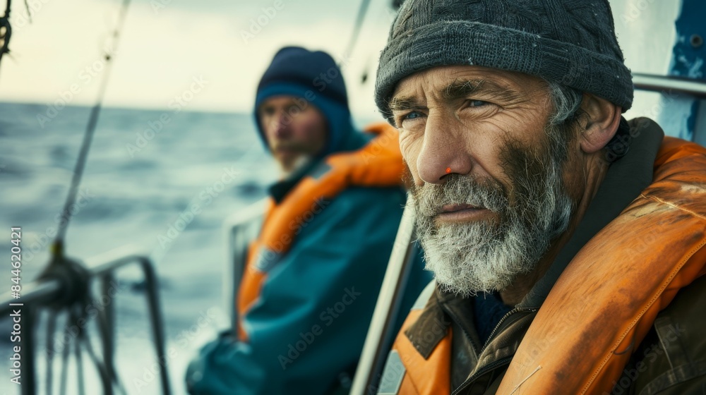Two men on a boat one with a beard both wearing life jackets looking out at the ocean. Two men on a boat one with a beard both wearing life jackets looking out at the ocean.