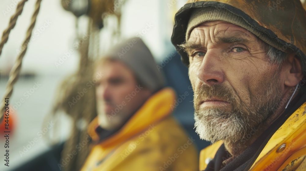 Two weathered men in yellow jackets and hats one with a beard looking out over the ocean on a boat. Two weathered men in yellow jackets and hats one with a beard looking out over the ocean on a boat.