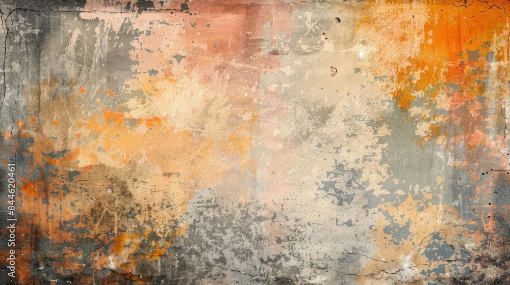 The image is an abstract painting with a rough texture. The colors are orange, yellow, white, and gray. The image is an abstract painting with a rough texture. The colors are orange, yellow, white, and gray.