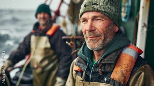 Two weathered fishermen one wearing a vibrant orange life vest the other a green beanie stand on a boat facing the camera with a calm demeanor against the backdrop of a vast choppy ocean.
