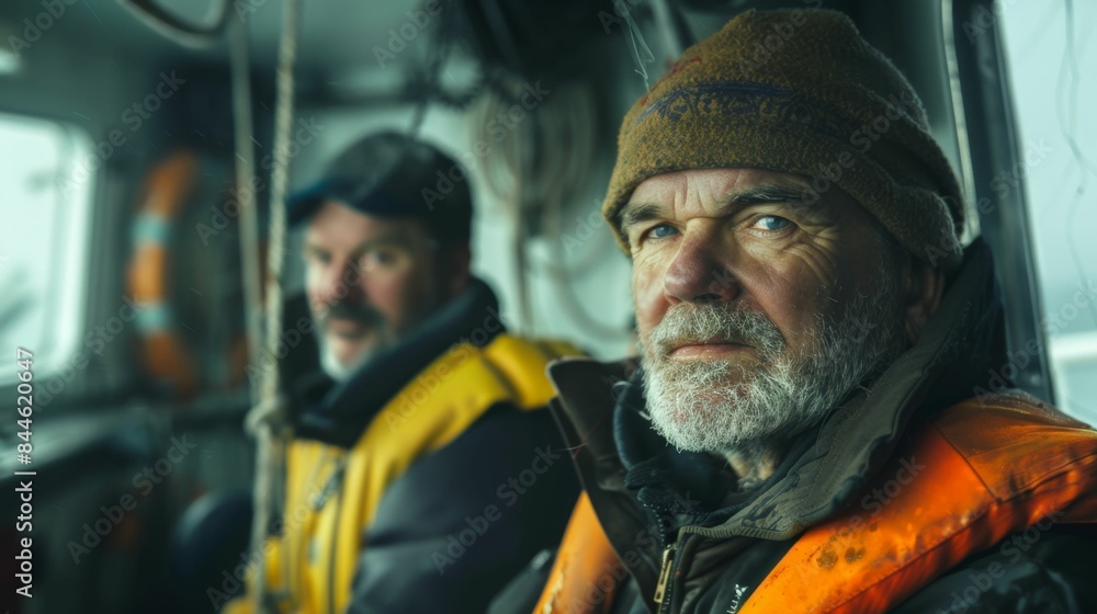 Two men one with a beard wearing hats and life vests sitting on a boat looking out at the sea. Two men one with a beard wearing hats and life vests sitting on a boat looking out at the sea.