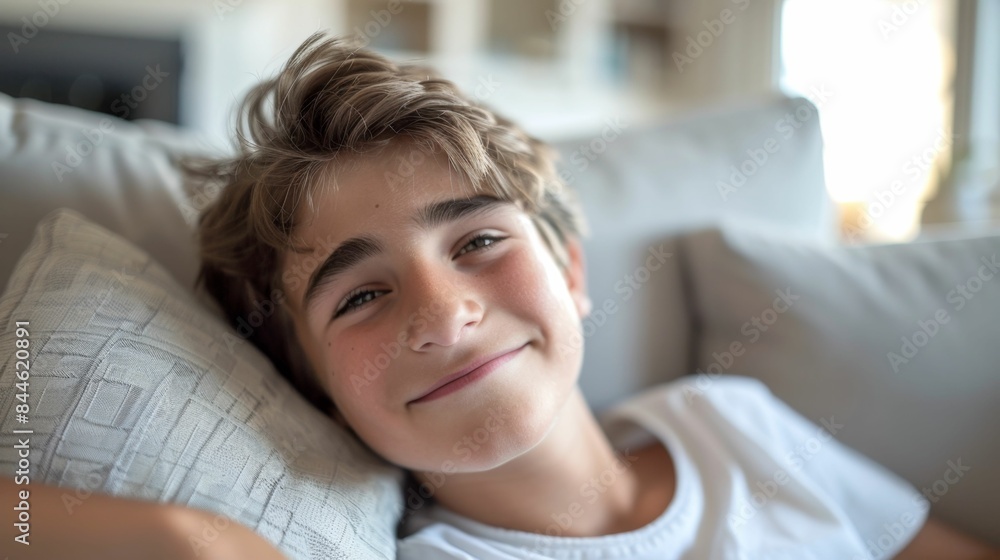 A young boy with short hair smiling and resting his head on a pillow sitting on a couch in a cozy room. A young boy with short hair smiling and resting his head on a pillow sitting on a couch in a cozy room.