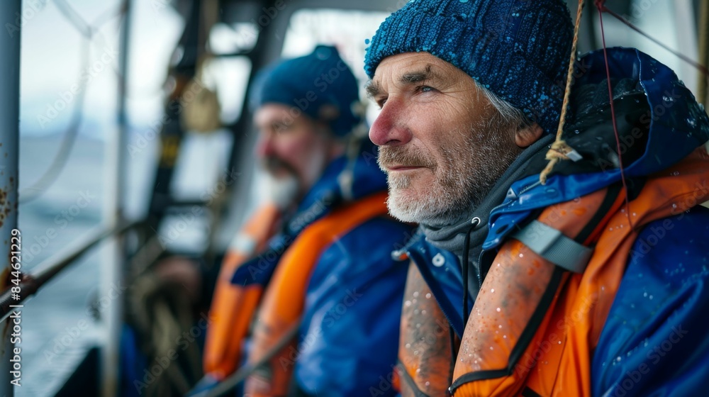 Two men in blue jackets and orange life vests on a boat looking out at the water. Two men in blue jackets and orange life vests on a boat looking out at the water.