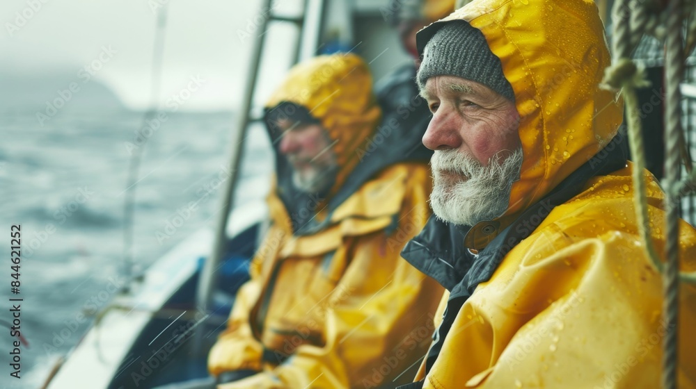 Two elderly men in yellow rain jackets and hats sitting on a boat in the rain looking out at the ocean. Two elderly men in yellow rain jackets and hats sitting on a boat in the rain looking out at the ocean.