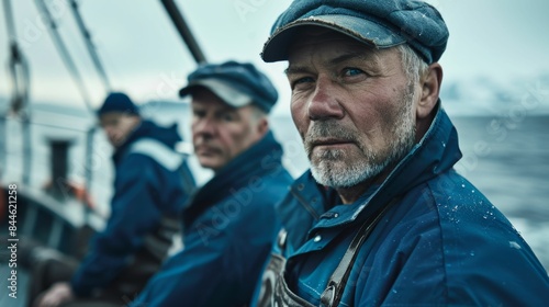 Three weathered men in blue jackets and hats sitting on a boat looking out at the sea with a sense of quiet determination. © iuricazac