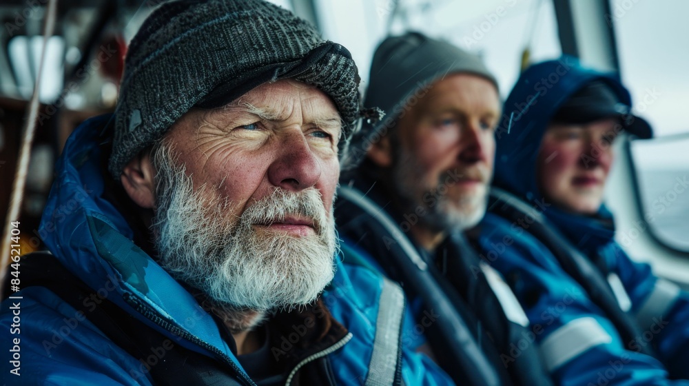 Three men bundled up in blue jackets and hats sit on a boat looking out into the distance possibly at the horizon or an approaching destination. Three men bundled up in blue jackets and hats sit on a boat looking out into the distance possibly at the horizon or an approaching destination.