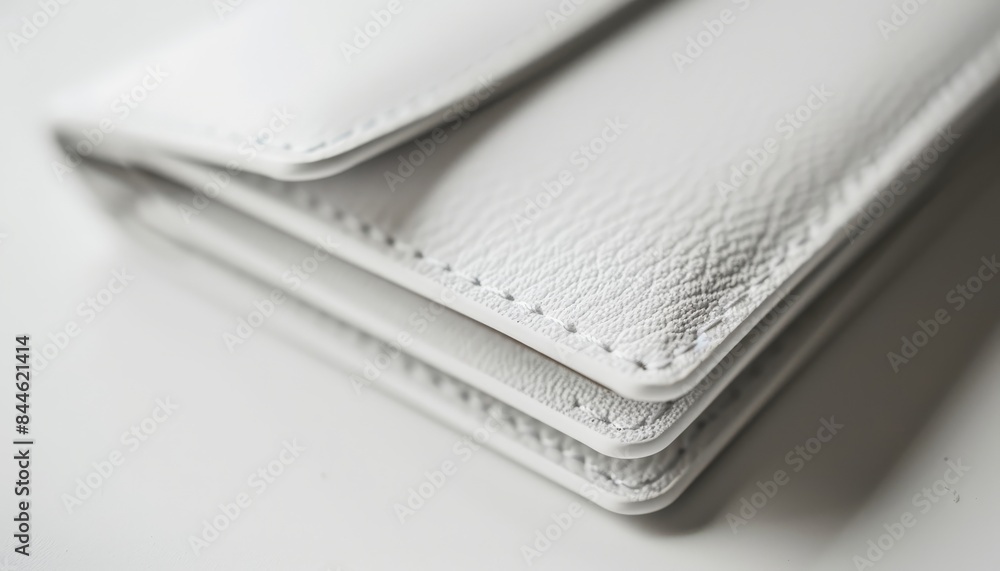 Closeup of a white leather wallet with stitched edges. Closeup of a white leather wallet with stitched edges.