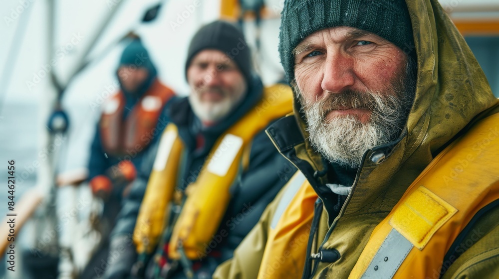 Three men in rain gear with hoods up standing on a boat looking out into the distance possibly at the sea or the horizon. Three men in rain gear with hoods up standing on a boat looking out into the distance possibly at the sea or the horizon.