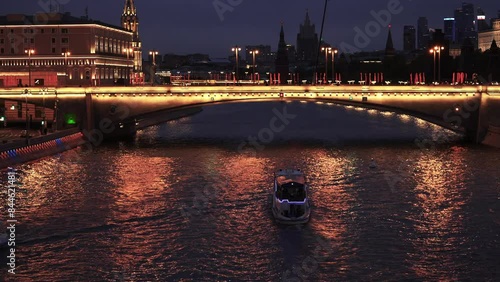 Ships Sail Along the Moscow River in Summer Durning Night