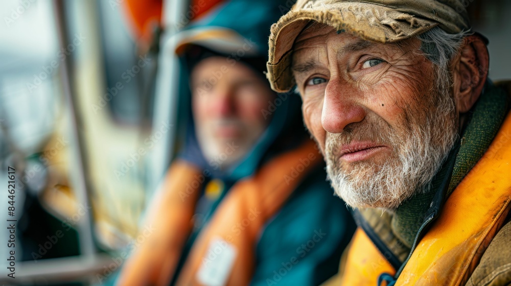Two men on a boat one with a weathered face and a cap the other with a hooded jacket both wearing life vests looking ahead possibly at the sea. Two men on a boat one with a weathered face and a cap the other with a hooded jacket both wearing life vests looking ahead possibly at the sea.