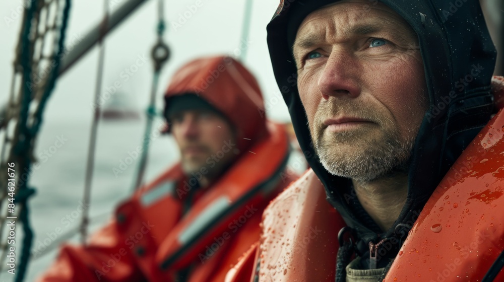 Two men in orange life jackets on a boat looking out at the water with serious expressions. Two men in orange life jackets on a boat looking out at the water with serious expressions.