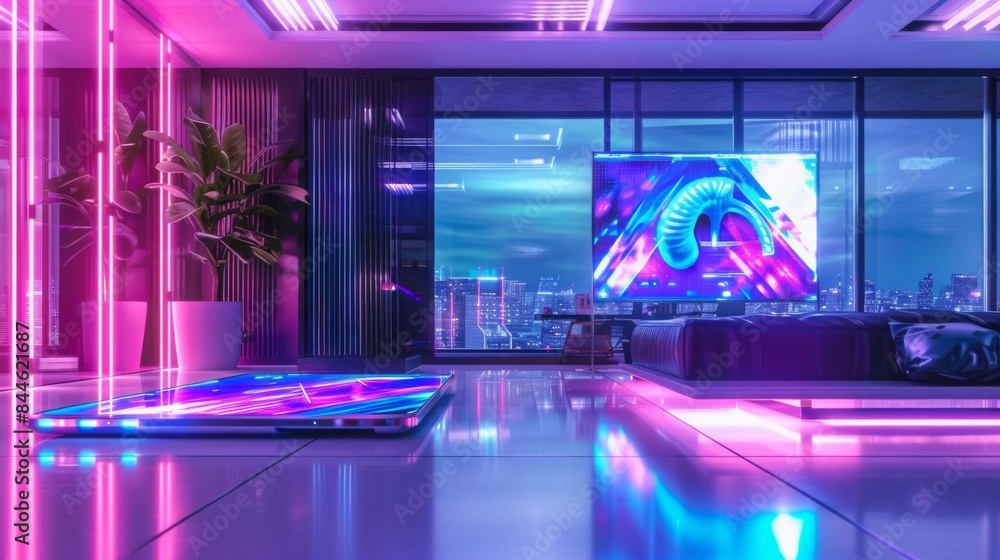 The image shows a living room with a large window, a couch, and a coffee table. The room is decorated in a modern style with bright colors and geometric shapes.