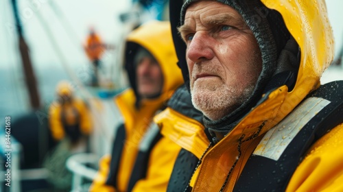 Elderly man with gray beard and mustache wearing yellow rain jacket and black hat looking to the side with a serious expression standing on a boat.