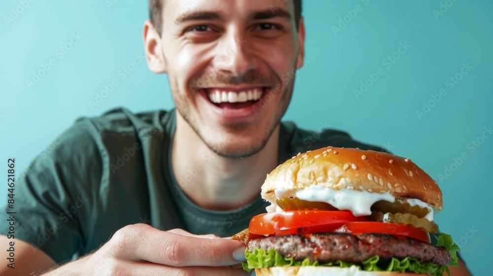 A man with a broad smile holding a large appetizing burger with multiple layers of meat cheese and vegetables. A man with a broad smile holding a large appetizing burger with multiple layers of meat cheese and vegetables.