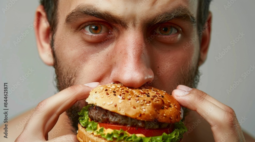 Man with intense gaze holding a burger with sesame seeds close-up ready to take a bite. Man with intense gaze holding a burger with sesame seeds close-up ready to take a bite.