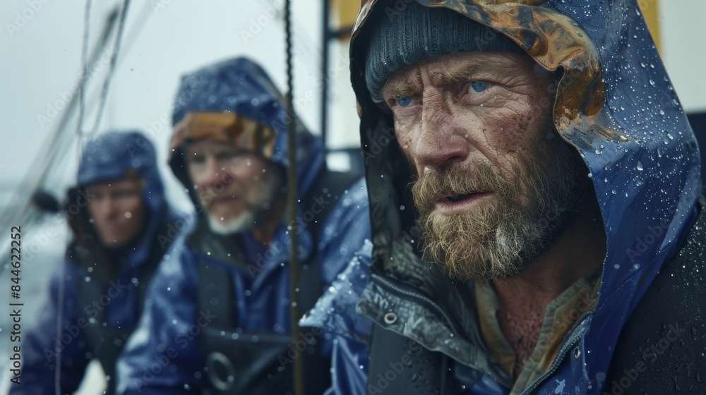 Three men on a boat wearing blue rain jackets with one man looking directly at the camera showing a concerned expression while the other two men are looking off to the side Three men on a boat wearing blue rain jackets with one man looking directly at the camera showing a concerned expression while the other two men are looking off to the side