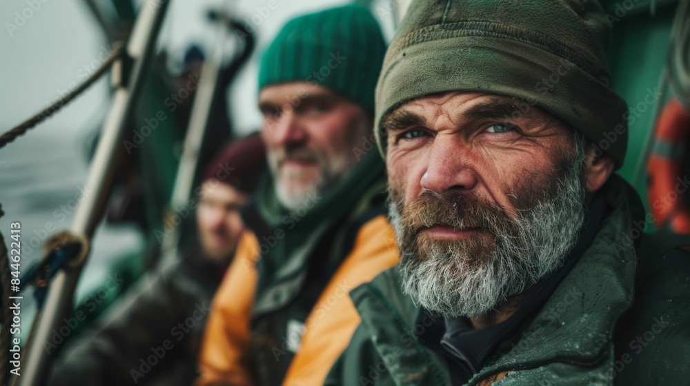 Fototapeta premium Three men with beards wearing life jackets and hoods on a boat in the rain.