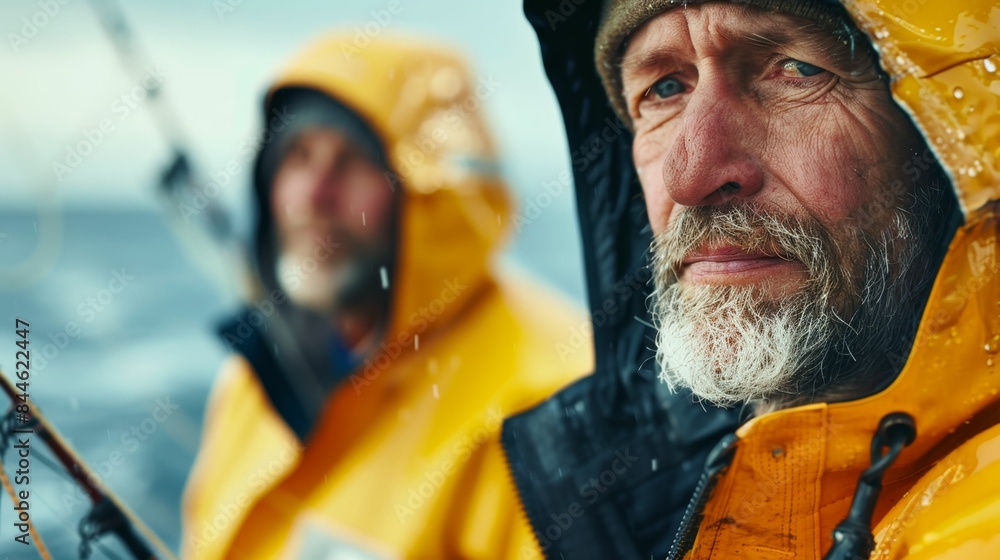 Two men in yellow raincoats one with a beard fishing in the rain. Two men in yellow raincoats one with a beard fishing in the rain.