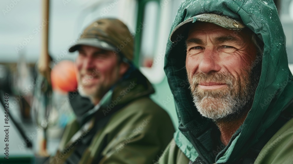 Two men in green jackets one with a hood sitting on a boat smiling with a blurred background suggesting a nautical setting. Two men in green jackets one with a hood sitting on a boat smiling with a blurred background suggesting a nautical setting.
