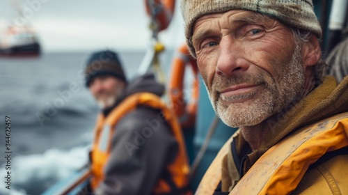 Two men on a boat one with a beard and a hat both wearing life jackets looking out at the ocean with a ship in the distance.