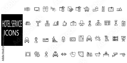 Hotel service linear icons collection. Big set of more 48 thin line icons in black.  Set of apartment reservation, hotel booking, rent hostel room, airport tran. Vector illustration.
