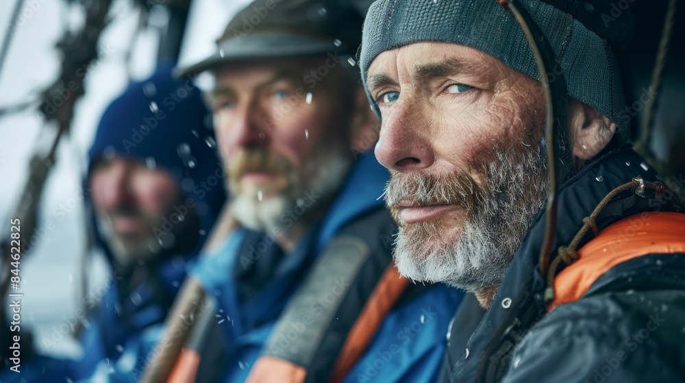 Three men with beards wearing hats and jackets sitting on a boat in the rain looking out to sea. Three men with beards wearing hats and jackets sitting on a boat in the rain looking out to sea.