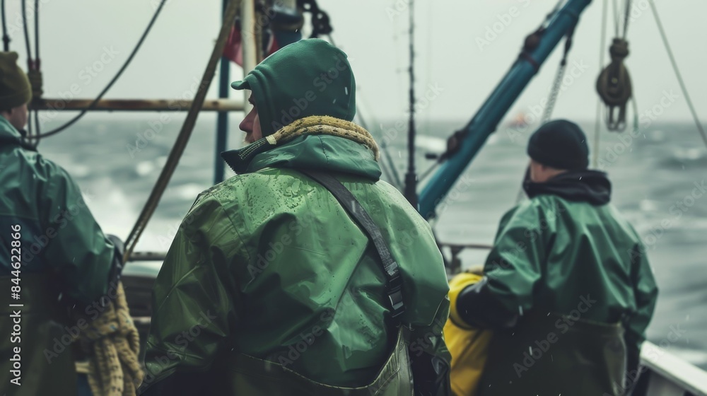 Obraz premium Three men in green rain gear on a boat in rough seas facing the horizon.