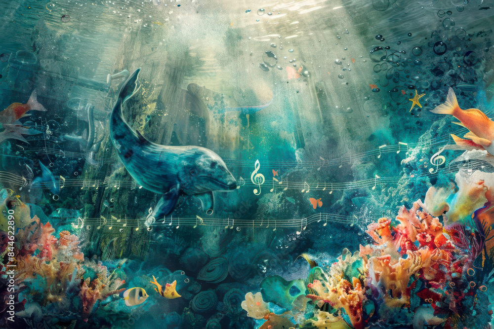 Obraz premium A beautiful underwater scene with a dolphin swimming through a coral reef. The water is crystal clear and the sun is shining brightly,