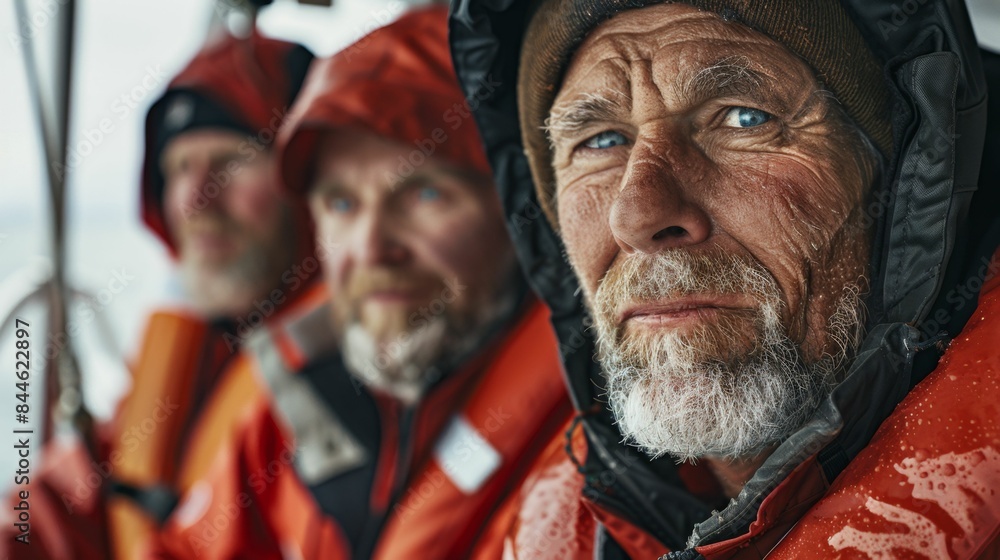 Obraz premium Three elderly men with weathered faces and white beards wearing matching red jackets and hats looking into the distance with a serious expression possibly on a boat.