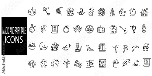 Magic and fairy tale linear icons collection. Big set of more 44 thin line icons in black. filled glyph icons such as werewolf,potion,griffin,zombie,witch hat,broomstick.Vector illustration.