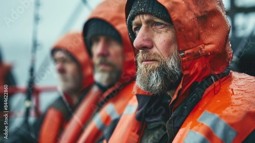 A group of men in orange rain gear with one man in the foreground looking contemplative standing on a boat in the rain. © iuricazac