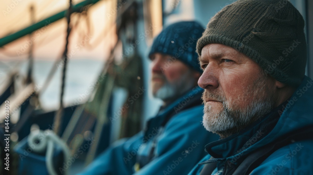 Two men with gray beards and hats sitting on a boat looking out at the ocean during sunset. Two men with gray beards and hats sitting on a boat looking out at the ocean during sunset.