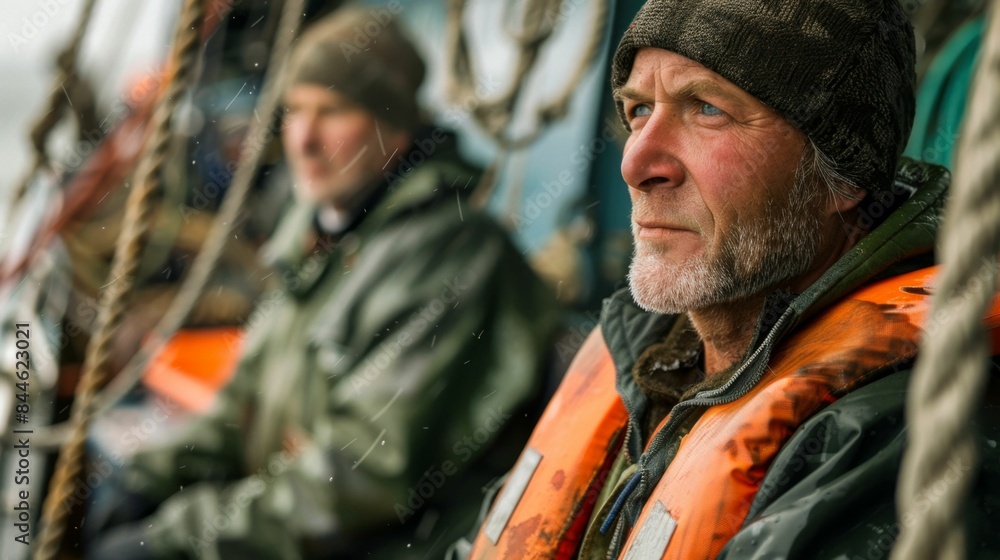 Two men on a boat one with a beard both wearing life jackets looking out at the water. Two men on a boat one with a beard both wearing life jackets looking out at the water.