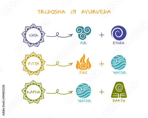 An informative Ayurvedic vector infographic poster showing the three doshas - Vata with air and ether symbols, Pitta with fire and water, and Kapha with water and earth. Set on transparent background.