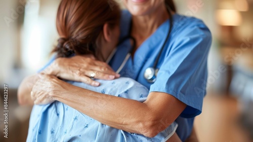 A compassionate nurse in a blue uniform embracing a patient in a hospital setting conveying empathy and care.