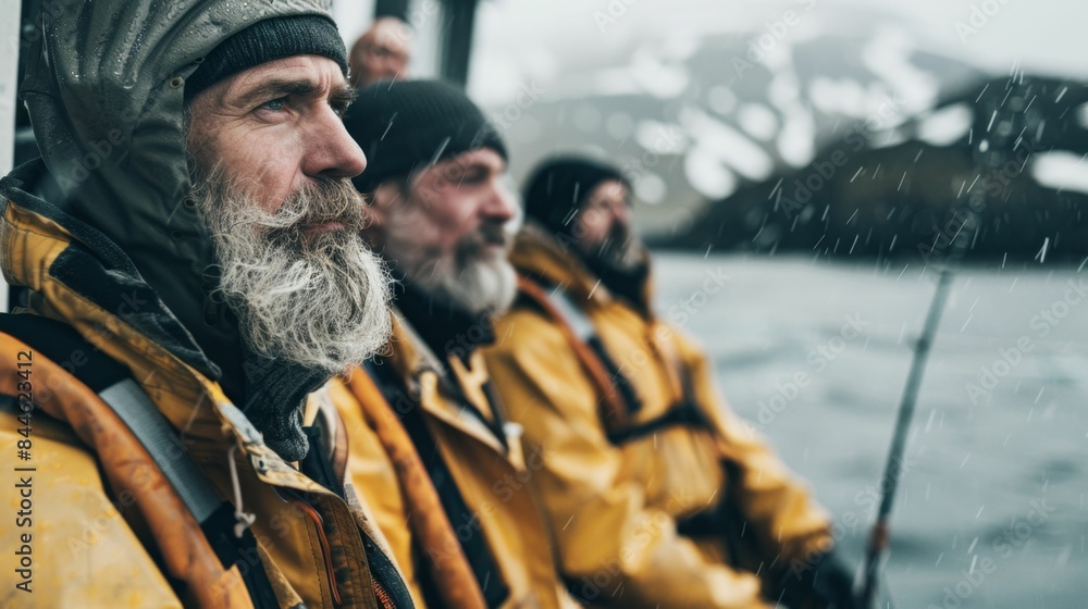 Obraz premium Three bearded men in yellow jackets and hats sitting on a boat looking out at a snowy mountain and a body of water with snowflakes falling around them.