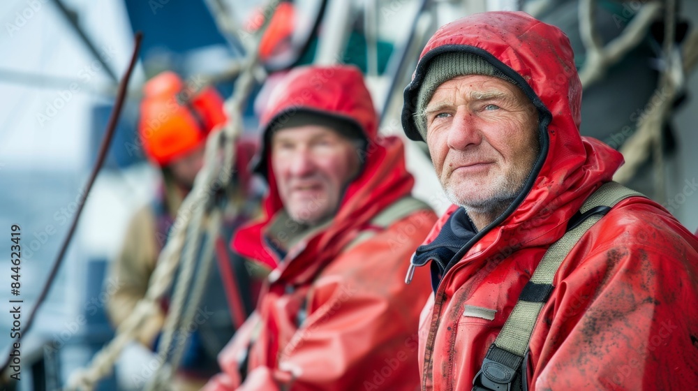 Two men in red rain gear one with a beard looking at something off-camera on a boat with ropes and rigging in the background. Two men in red rain gear one with a beard looking at something off-camera on a boat with ropes and rigging in the background.