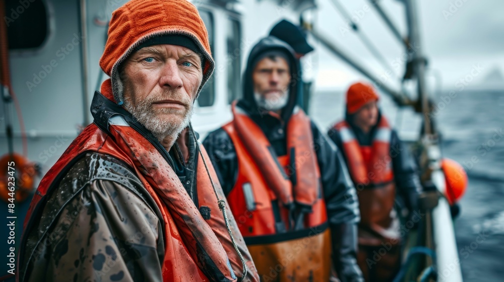 Three men in orange life jackets standing on a boat looking out at the ocean with one man in the foreground wearing a red hat and a serious expression. Three men in orange life jackets standing on a boat looking out at the ocean with one man in the foreground wearing a red hat and a serious expression.