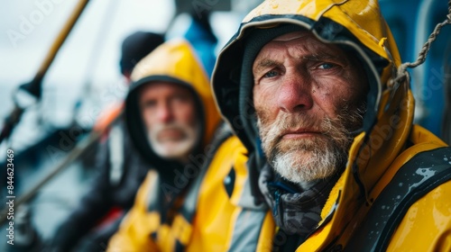 Elderly man with gray beard and mustache wearing yellow rain jacket looking contemplative on boat.